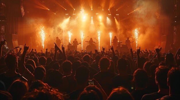 Multidão de festival de música de verão festejando sob as luzes do palco