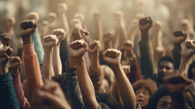 Multidão de manifestantes, pessoas a lutar pelos seus direitos, pessoas com as mãos no ar.