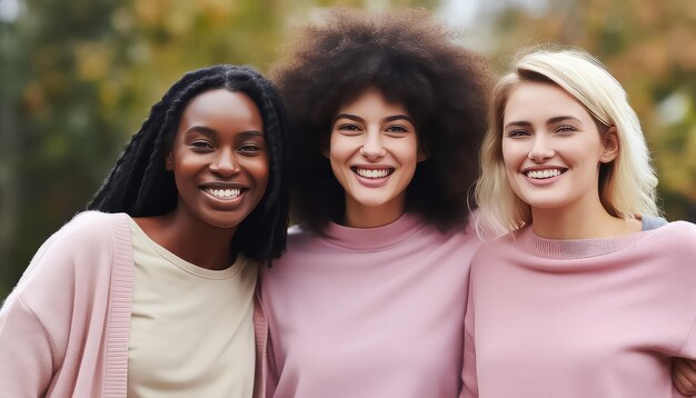 Multidão de mulheres de diferentes raças em camisola rosa sorrindo conceito de dia mundial do câncer