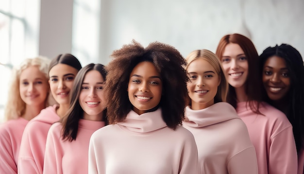 Multidão de mulheres de diferentes raças em suéter rosa sorrindo conceito do dia mundial do câncer