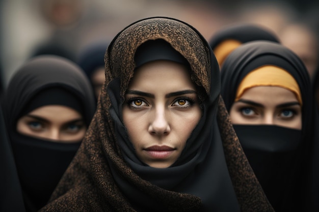 Multidão de mulheres jovens em closeup de retrato hijab muçulmano tradicional com seus rostos cobertos em uma rua da cidade entre uma multidão de pessoas protestando na rua xale hijab preto Generative AI