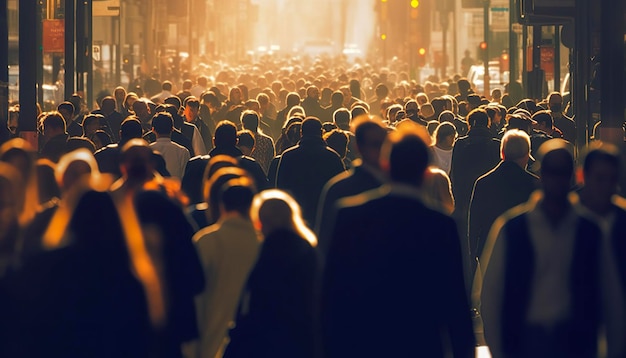 Multidão de pessoas andando em ruas movimentadas da cidade com retroiluminação Generative AI