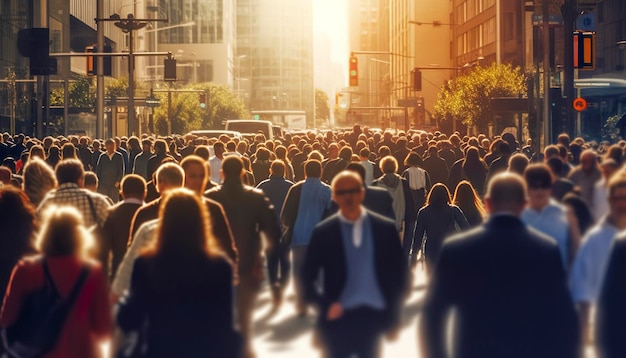 Multidão de pessoas andando em ruas movimentadas da cidade com retroiluminação Generative AI