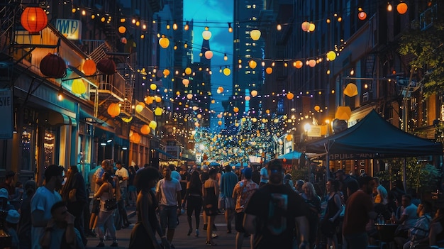 Multidão de pessoas caminhando por uma rua movimentada da cidade Evento em uma rua da cidade com lanternas asiáticas