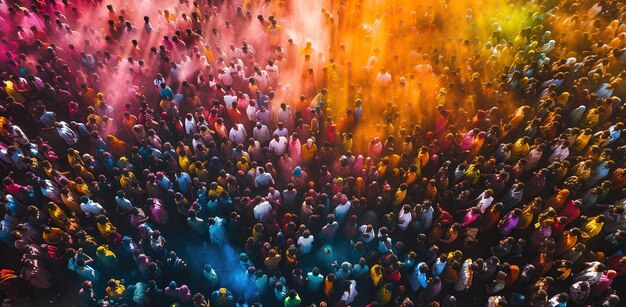 Foto multidão de pessoas celebrando o festival de holi em uma nuvem de pó colorido