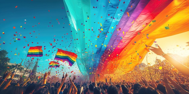 multidão de pessoas felizes com bandeiras arco-íris no desfile do orgulho LGBT no festival na rua no verão