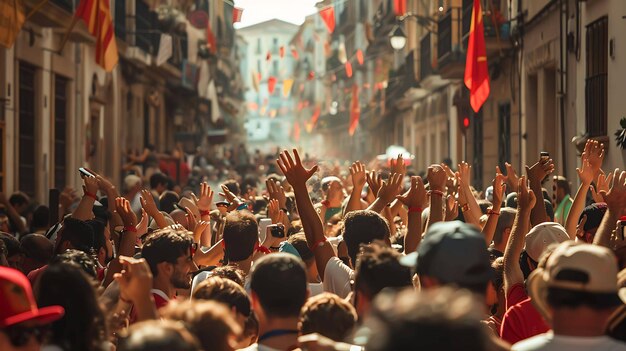 Multidão de pessoas por trás com as mãos levantadas no ar em um concerto ou festival