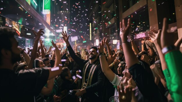 Multidão em Dubai acenando com as mãos para celebrar o feliz ano novo