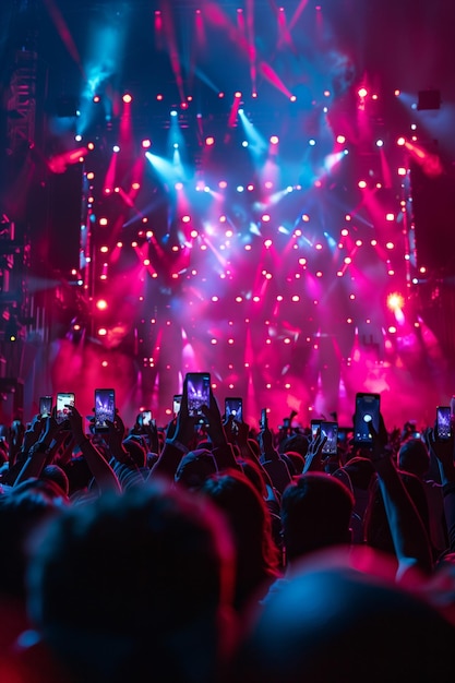 Foto multidão em um concerto ou festa levanta as mãos e os smartphones em uníssono