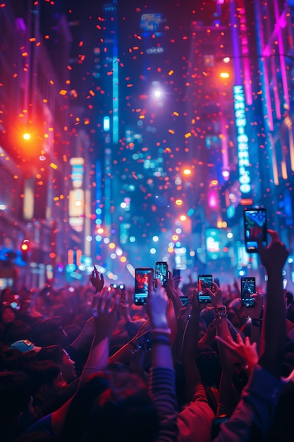 Multidão em um concerto ou festa levanta as mãos e os smartphones em uníssono