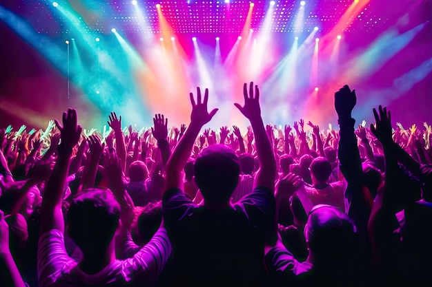Foto multidão enérgica em concerto de música eletrônica mãos levantadas luzes irradiando ia generativa