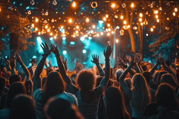 Multidão enérgica em um concerto celebrando com as mãos levantadas Pessoas dançando e aplaudindo em um festival de música animado AI Gerado