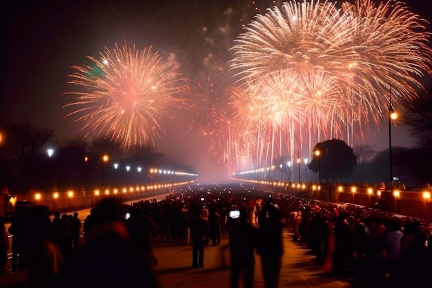 Multidão indiana celebrando o festival de luzes de Diwali à noite com fogos de artifício à luz de velas no fundo da mesquita gerou IA