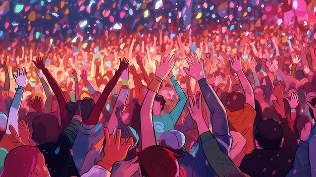 Multidão levantando as mãos em um concerto de música Público desfrutando de dança rock edm e festa de festival de clube