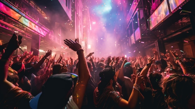 Multidão na rua de Nova York acenando as mãos para celebrar o feliz ano novo