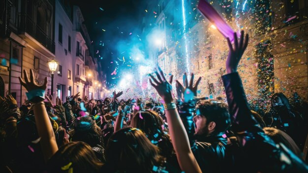 Foto multidão na rua de paris comemorando feliz ano novo e feliz natal