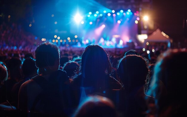 Multidão no concerto A multidão aplaudindo em frente a luzes coloridas do palco