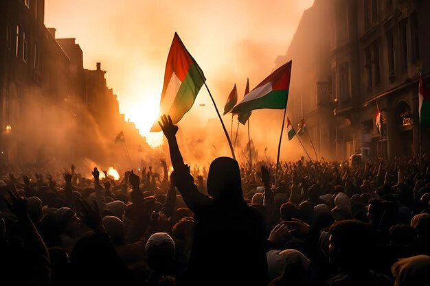 Foto multidão palestina de pessoas com as mãos levantadas na frente da bandeira durante uma manifestação