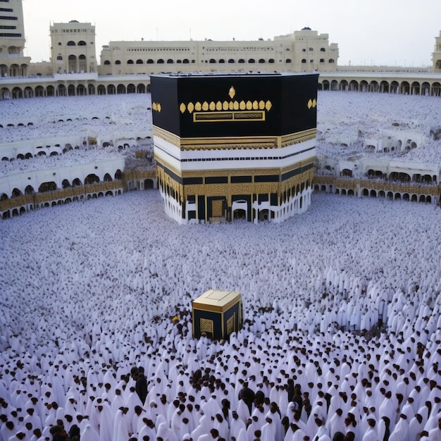 Multidão realizando hajj na frente kaabah
