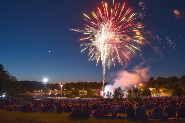 Multidão se reúne no parque para assistir a exibição de fogos de artifício à meia-noite na atmosfera