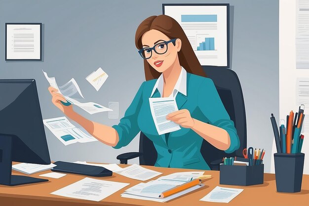 Multidisciplinar ocupada mulher funcionária no escritório Vector plano Ilustração vetorial
