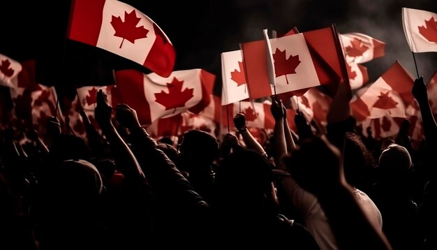 Foto multidões aplaudindo ou demonstrando com a bandeira do canadá a balançar