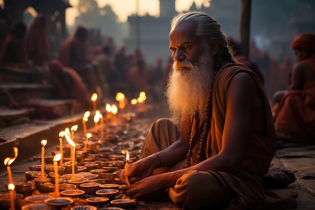 Multidões coloridas e tendas se fundem ao lado do rio no kumble espiritual generativo IA