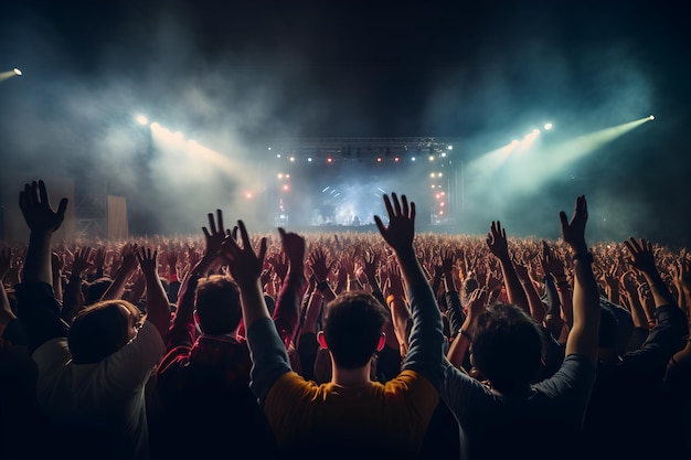 Multidões com as mãos levantadas no palco