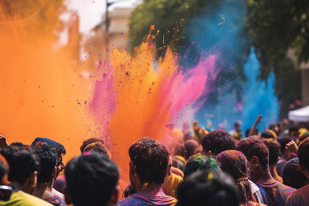 multidões de pessoas estão no fundo com colorido pó dia luz do sol cultura pop indiana