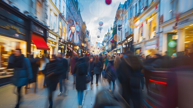 Foto multidões ocupadas de compradores anônimos de movimento desfocado na rua de londres