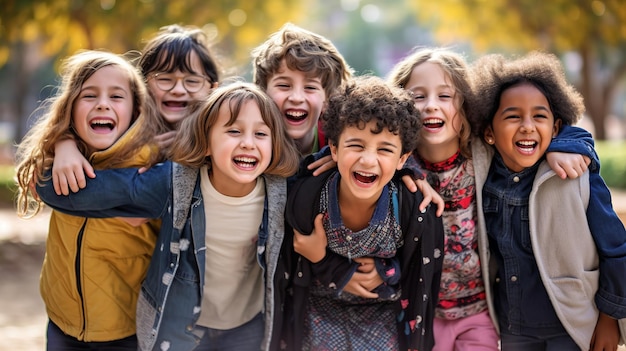 Multiethnische Gruppe von Schulkindern, die im Parkhintergrund für den Kindertag lachen und spielen Generative KI