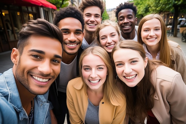 Multiethnische junge Freunde lächeln in die Kamera, KI generiert