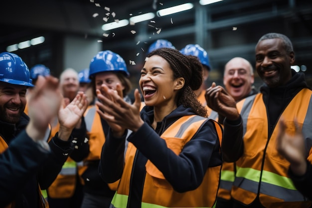 Multiethnisches Ingenieursteam klatscht und jubelt in der Fabrik