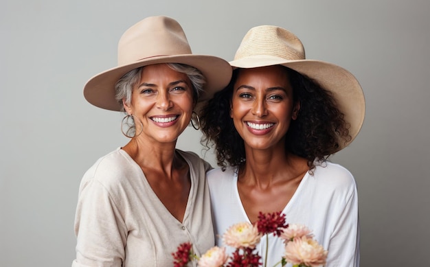 Foto multigerações de mulheres sorrindo com chapéus elegantes