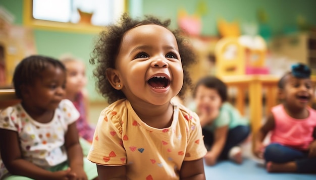 Foto multikulturelle kindertagesstätte mit afroamerikanischer kleinkindgruppe von arbeitern mit babys