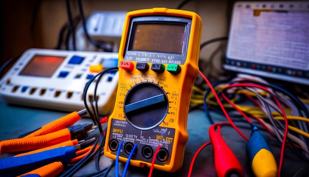 Foto multimeter sitzt auf einigen drähten generative ki