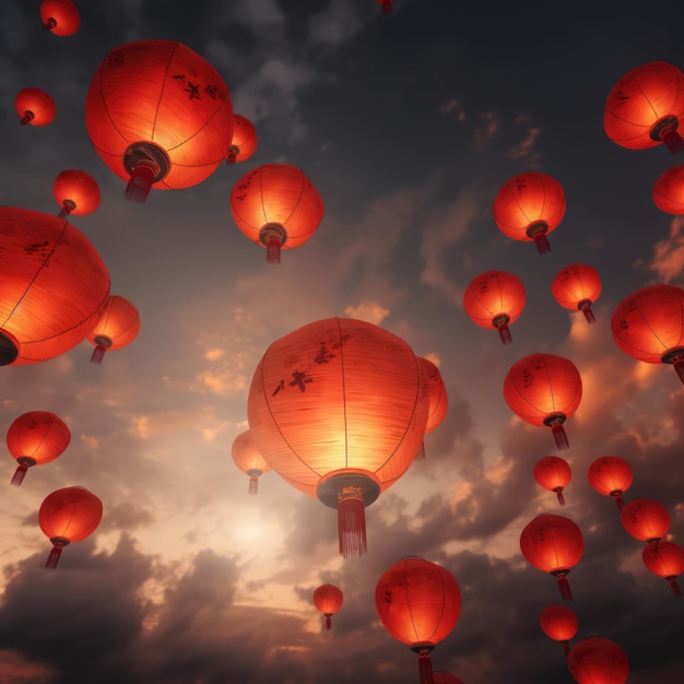 Múltiplas lanternas chinesas iluminadas com padrão sobre o céu criadas usando tecnologia de IA generativa