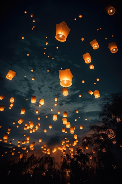 Múltiplas lanternas chinesas iluminadas sobre o céu e as árvores criadas usando tecnologia de IA generativa