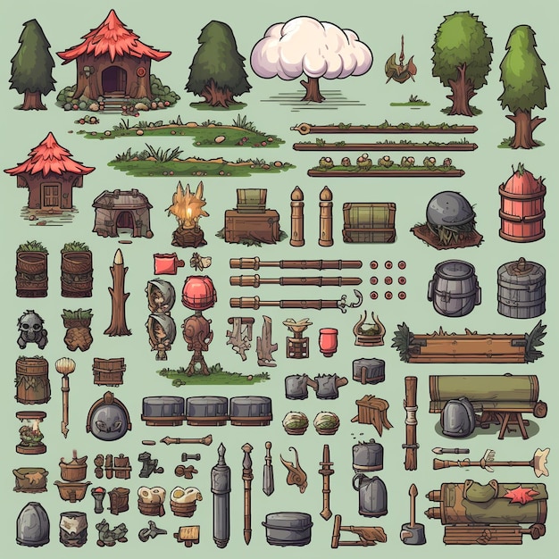 Foto múltiples artículos 2d sprite hoja rpg artículos pixel art