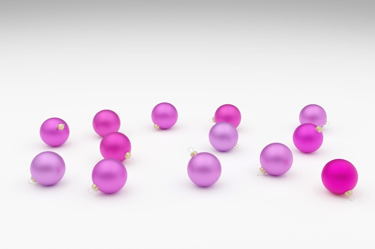 Foto múltiples bolas de navidad moradas adornos brillantes en concepto de renderizado 3d gris claro para feliz año nuevo y navidad