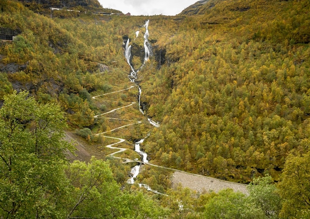 Múltiples curvas cerradas del ferrocarril Flam Line en Noruega
