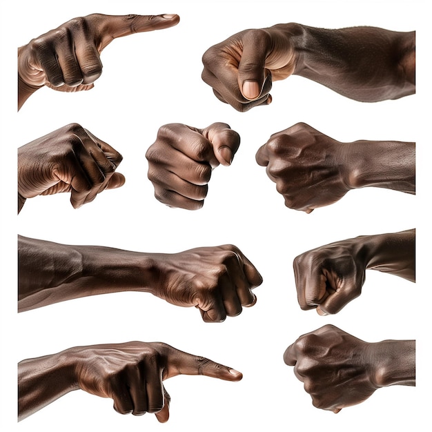 Múltiples gestos de manos negras aislados sobre el fondo blanco conjunto de múltiples imágenes