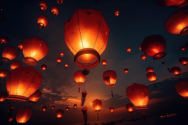 Múltiples linternas chinas iluminadas sobre el cielo con nubes creadas con tecnología de IA generativa