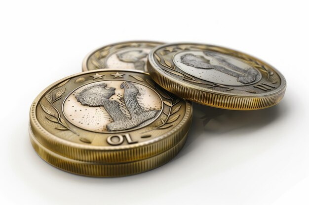 Foto múltiples monedas de un euro sobre un fondo blanco con representación en sombra en 3d
