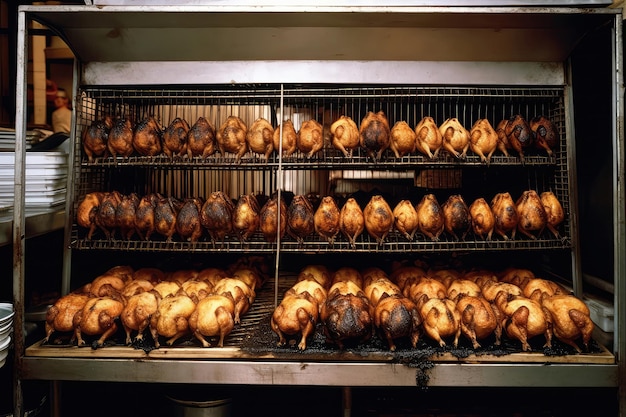 Múltiples pollos que se cocinan en una rejilla de metal en un horno IA generativa