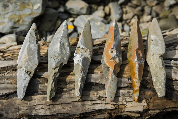 Foto múltiples puntas de proyectiles de piedra alineadas en la corteza