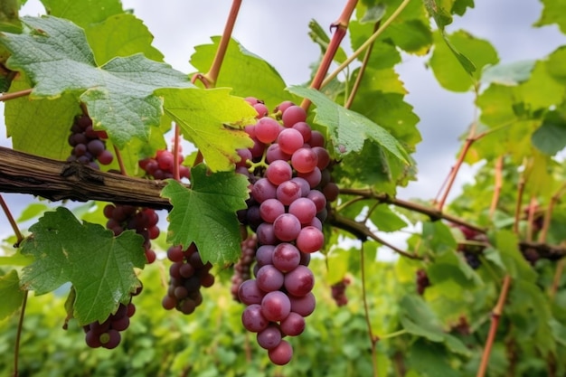 Múltiples racimos de uvas en una vid bajo un cielo nublado