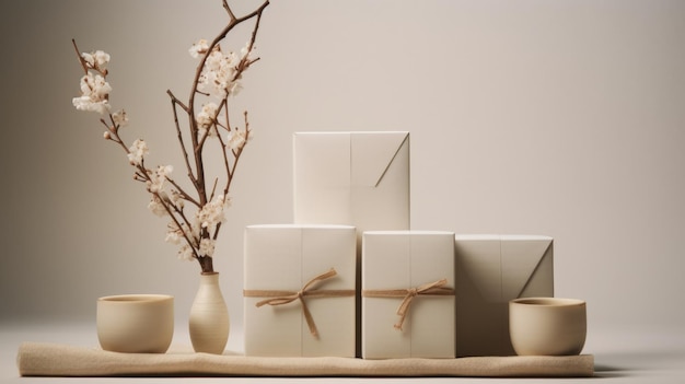 Múltiples regalos beige en estilo japandi wabi sabi con fondo minimalista