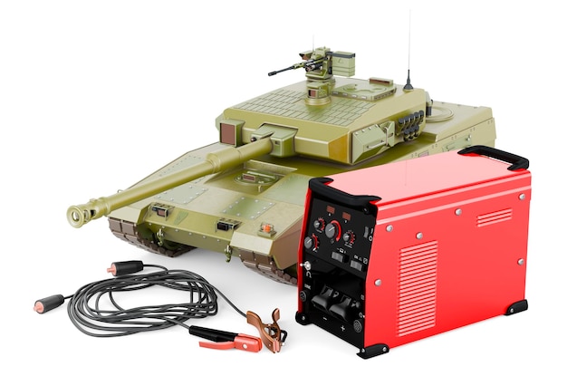 Multiprozess-Schweißmaschine mit Kampfpanzer-Reparaturkonzept 3D-Rendering