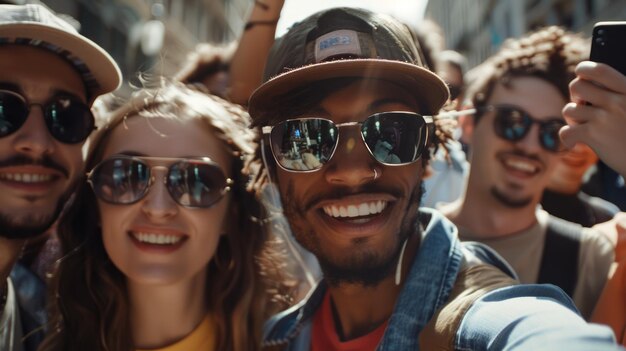 Multiracial Selfie mit Freunden, die auf einer Stadtstraße spazieren gehen, junge Leute, die sich amüsieren und Fotos machen, junge Menschen, die an der Kamera lachen, Freundschaft und Tourismuskonzept